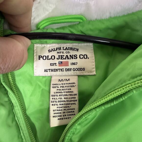 Vintage Ralph Lauren Polo Jeans Co Puffer Jacket Womens Large Lime Green Down - Picture 4 of 9